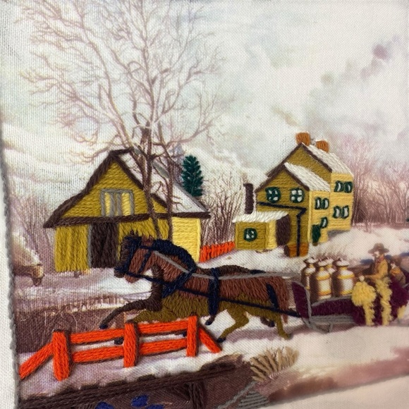 Vintage Crewel Needlepoint Folk Art Farmhouse Sleigh Ride Wall Art Picture - Picture 2 of 14
